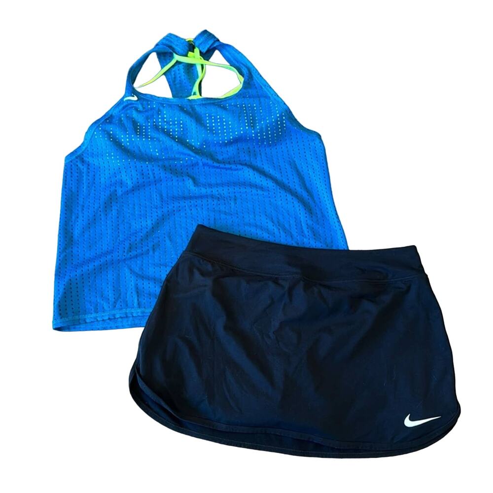 Bundle of 2 Nike Women's Swim Tankini & Pure Skirt Teal Neon Green Black Size M